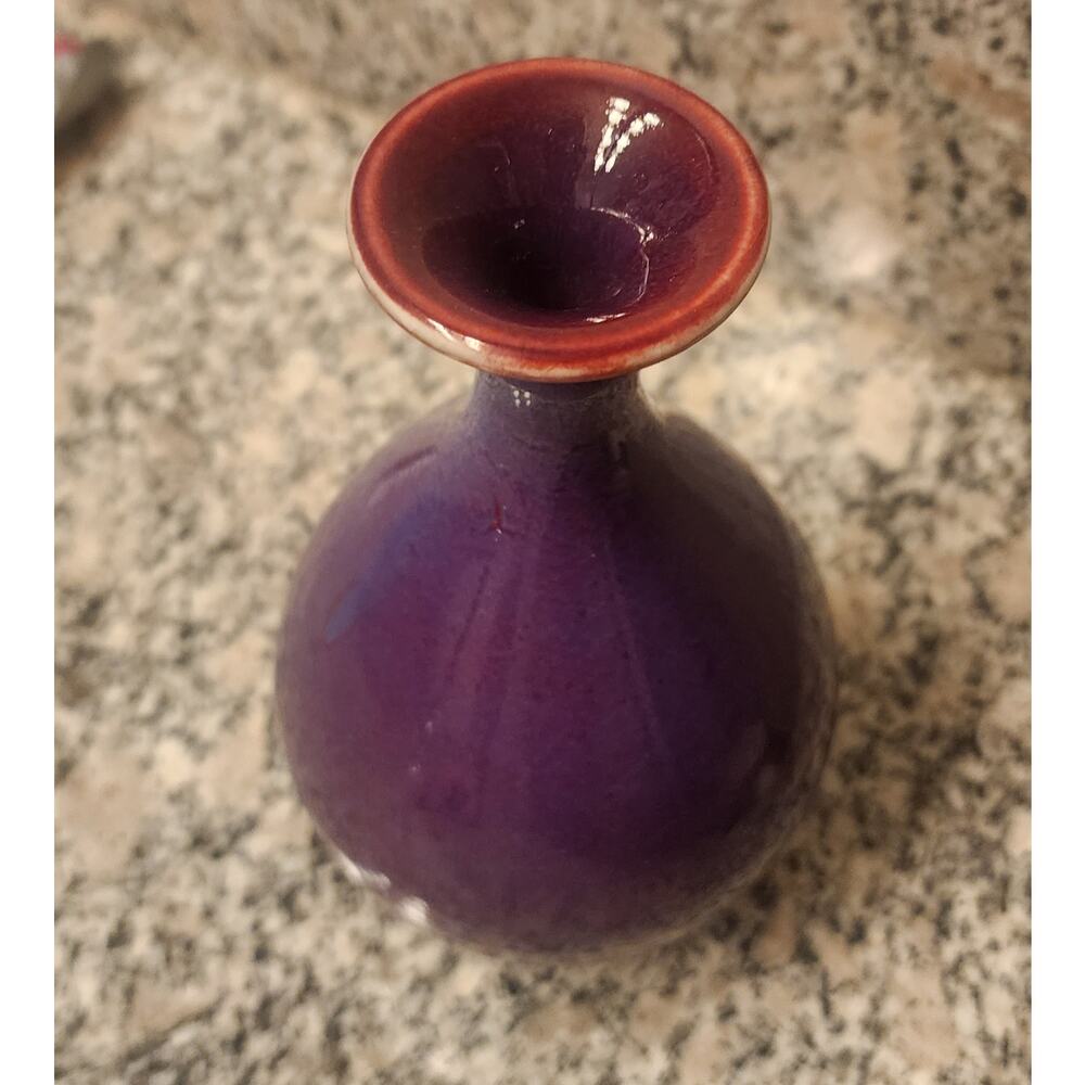Purple Glazed Ceramic Vase with Chinese Seal Mark – 5 Inch Pottery Decor - Picture 4 of 5
